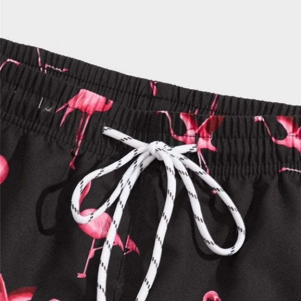 Black Vacation Style Men's Flamingo Print Swim Trunks - Picture 3 of 6